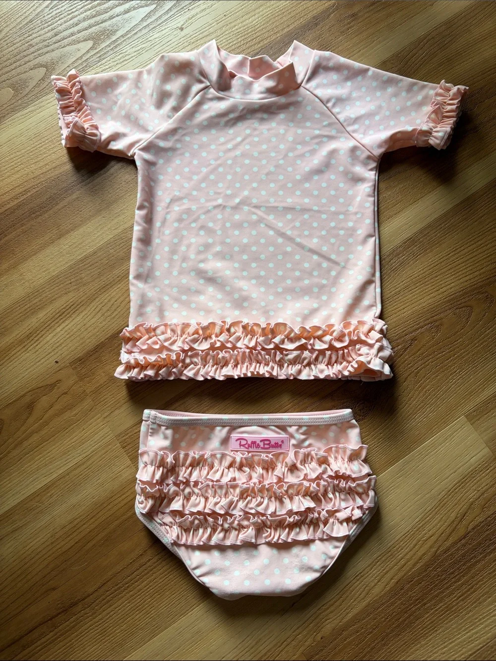 RuffleButts Toddler Girls Rash Guard 2-Piece Swimsuit Pink Polka Dot